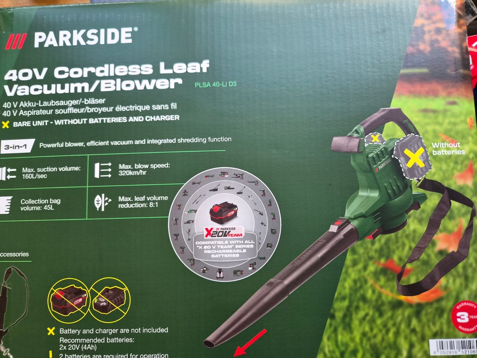 Parkside 40V Accu Bladblazer/Zuiger (Zonder Accu), Ophalen, Met opvangzak, Nieuw, Parkside