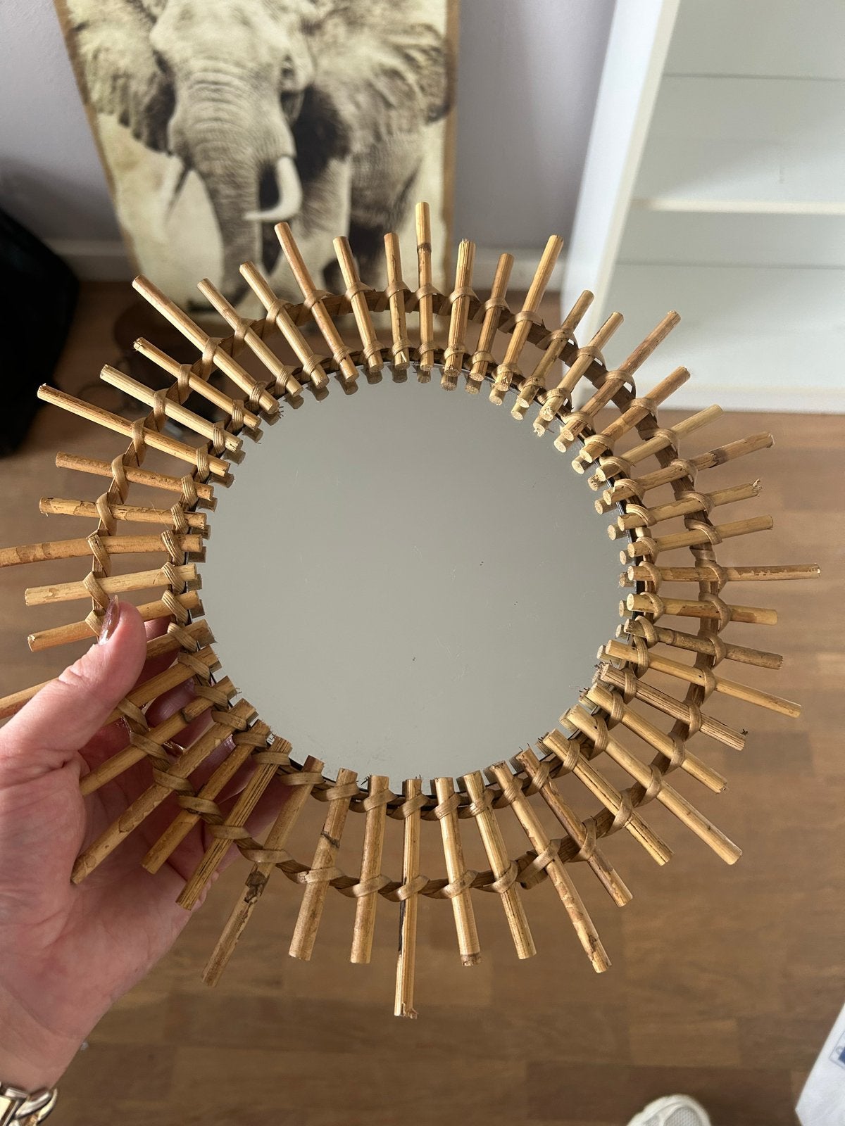 Rotan spiegel - Zonnespiegel, Huis en Inrichting, Woonaccessoires | Spiegels, Ophalen, Minder dan 50 cm, Gebruikt, Rond