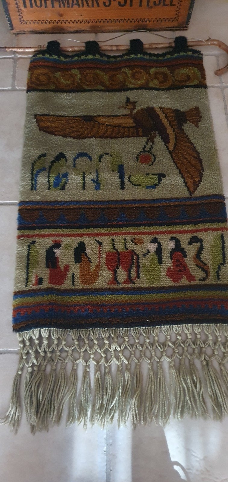 Vintage retro jaren '70 smyrna wandkleed met stok, Antiek en Kunst, Ophalen of Verzenden