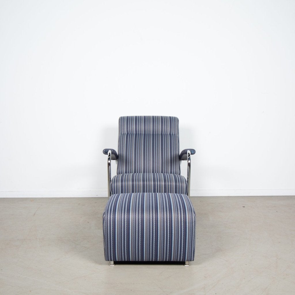 Leolux Scylla Fauteuil Blauw Gestreept Stof/Leer + Hocker, Huis en Inrichting, Leolux, Zo goed als nieuw, Niet ingevuld, Niet ingevuld