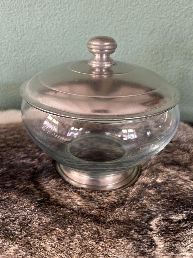 Zilvertin met glas snoep- of koekpot, Ophalen of Verzenden