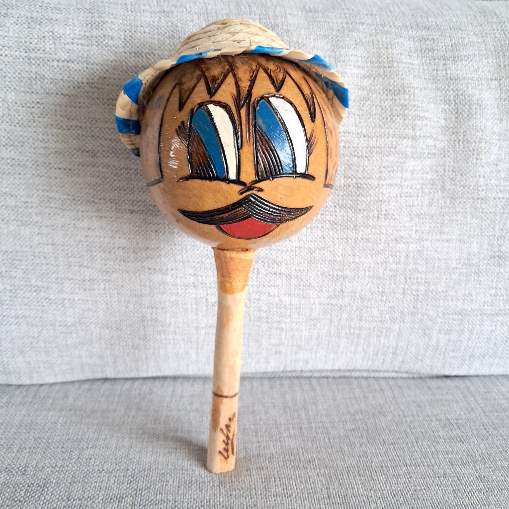 Vintage houten samba bal met gezicht en hoed 1309, Muziek en Instrumenten, Gebruikt, -, -, Ophalen of Verzenden