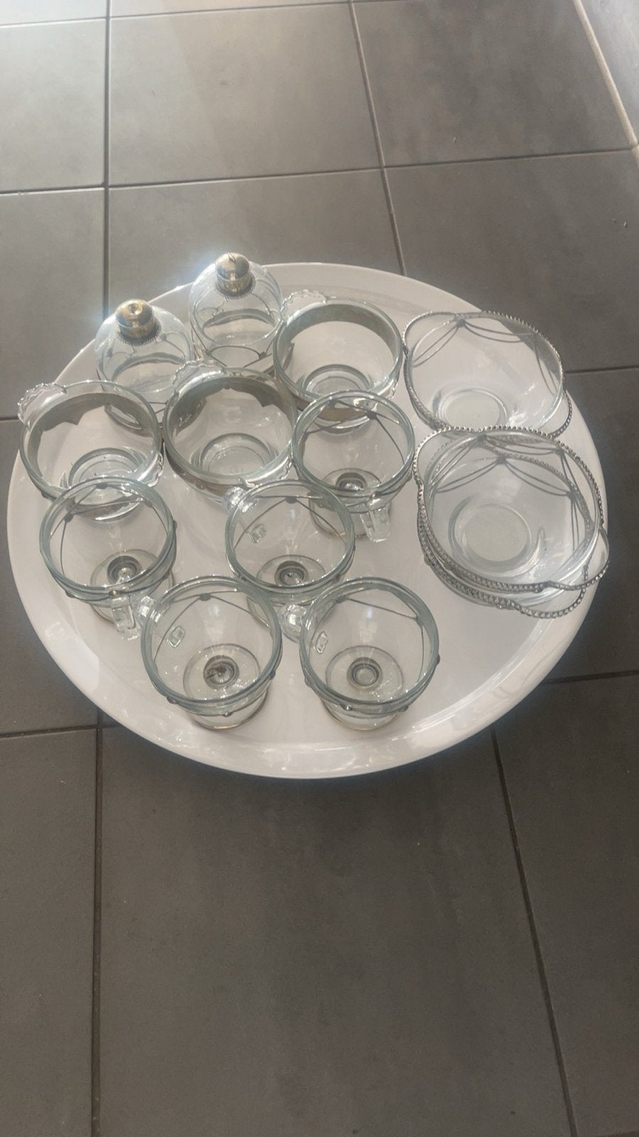 Set van 12 glazen schaaltjes met zilveren rand, Ophalen of Verzenden