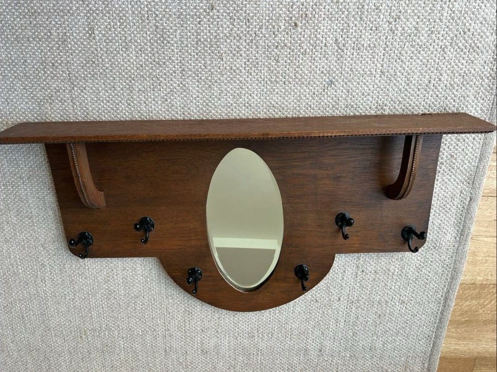 Antieke houten kapstok met spiegel en hoedenplank, Gebruikt, Minder dan 100 cm, Hout, Ophalen