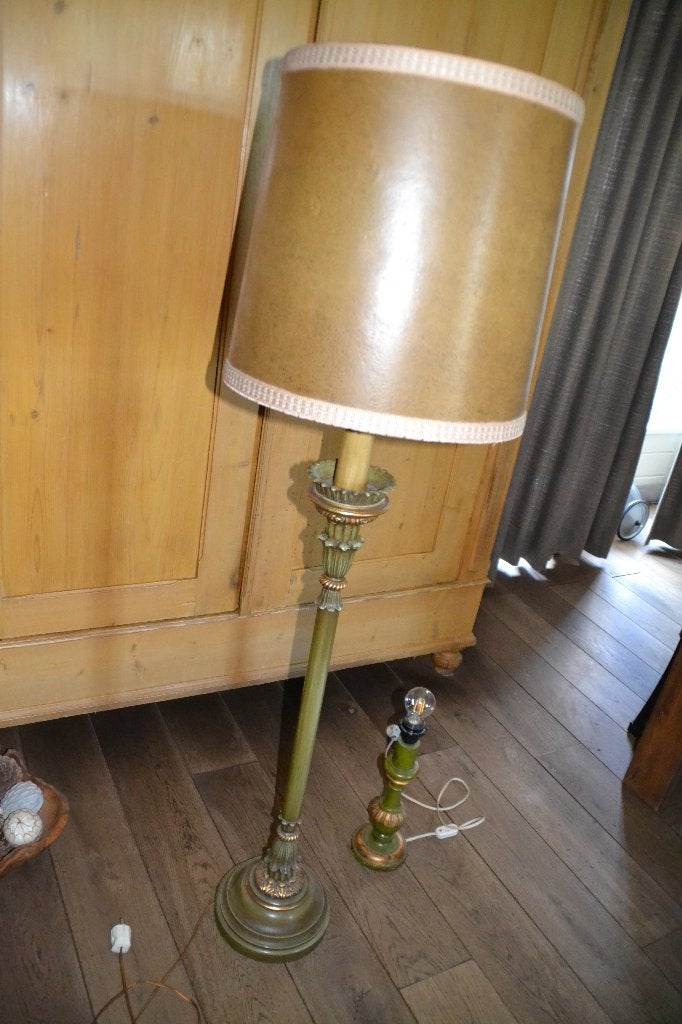 Grote staande bronzen vloerlamp met leren kap, Ophalen, Klassiek, E27 (groot), Zo goed als nieuw