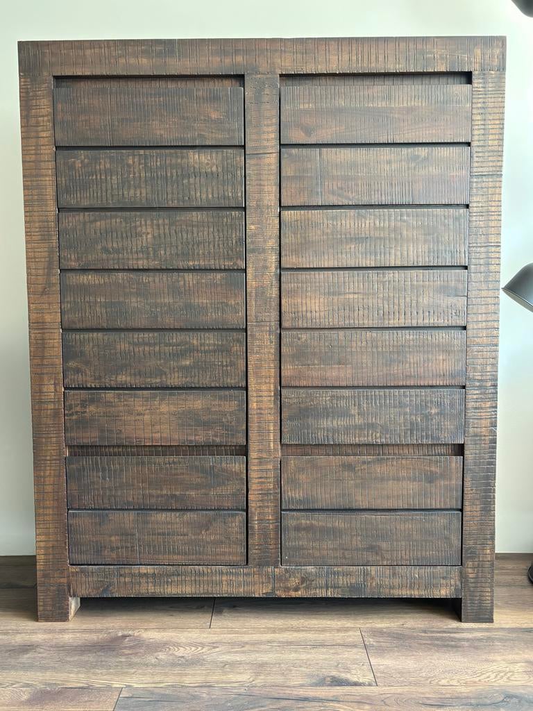 Robuuste acacia houten eettafel en kast (combinatie), Huis en Inrichting, Kasten | Boekenkasten, Ophalen, Gebruikt, Met deur(en)
