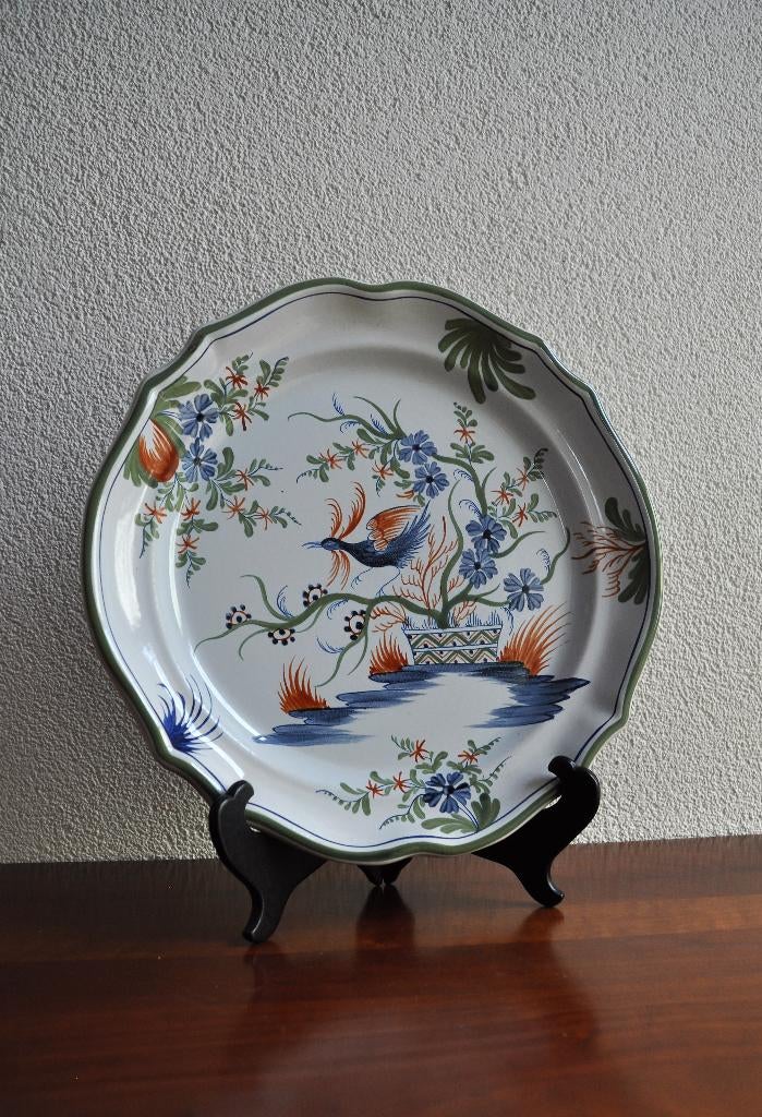 Oud Frans Rouen Faience bord wandbord Paradijsvogel 30 cm, Antiek en Kunst, Ophalen