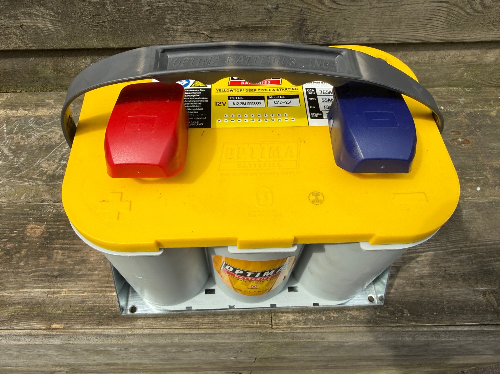 Optima Yellowtop 12V 55Ah accu  met lader en houder, Ophalen, Gebruikt