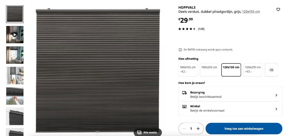 1x Ikea Hoppvals deels verduisterd dubbel plisségordijn, Ophalen, Gebruikt, Grijs