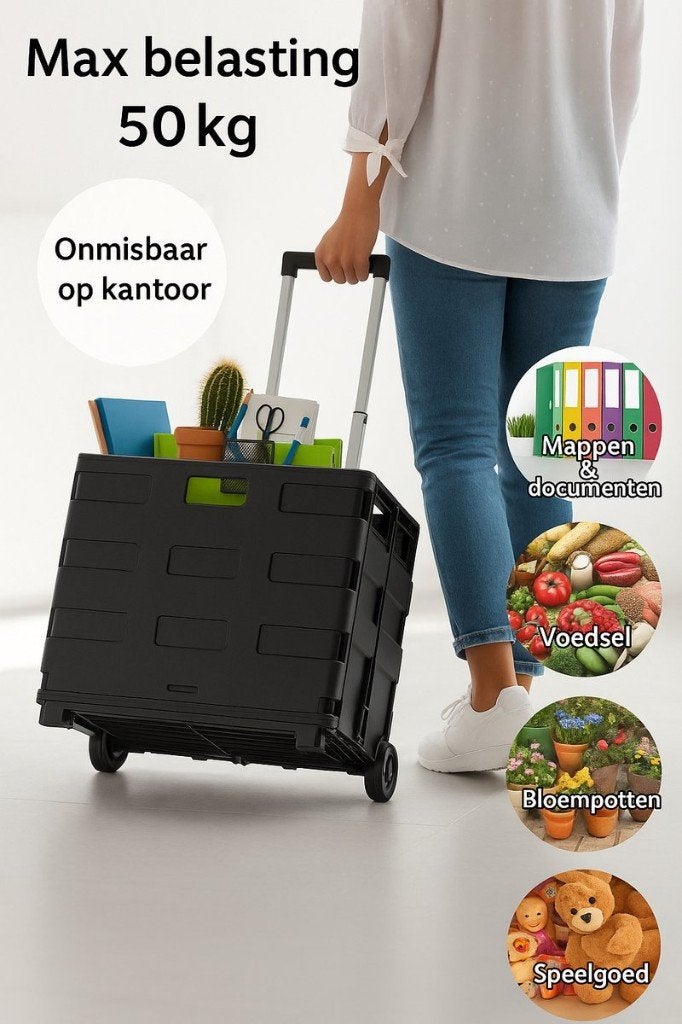 Boodschappentrolley-50L – Opvouwbare Boodschappenkrat, 40 tot 60 cm, 30 cm of meer, Zwart, Nieuw