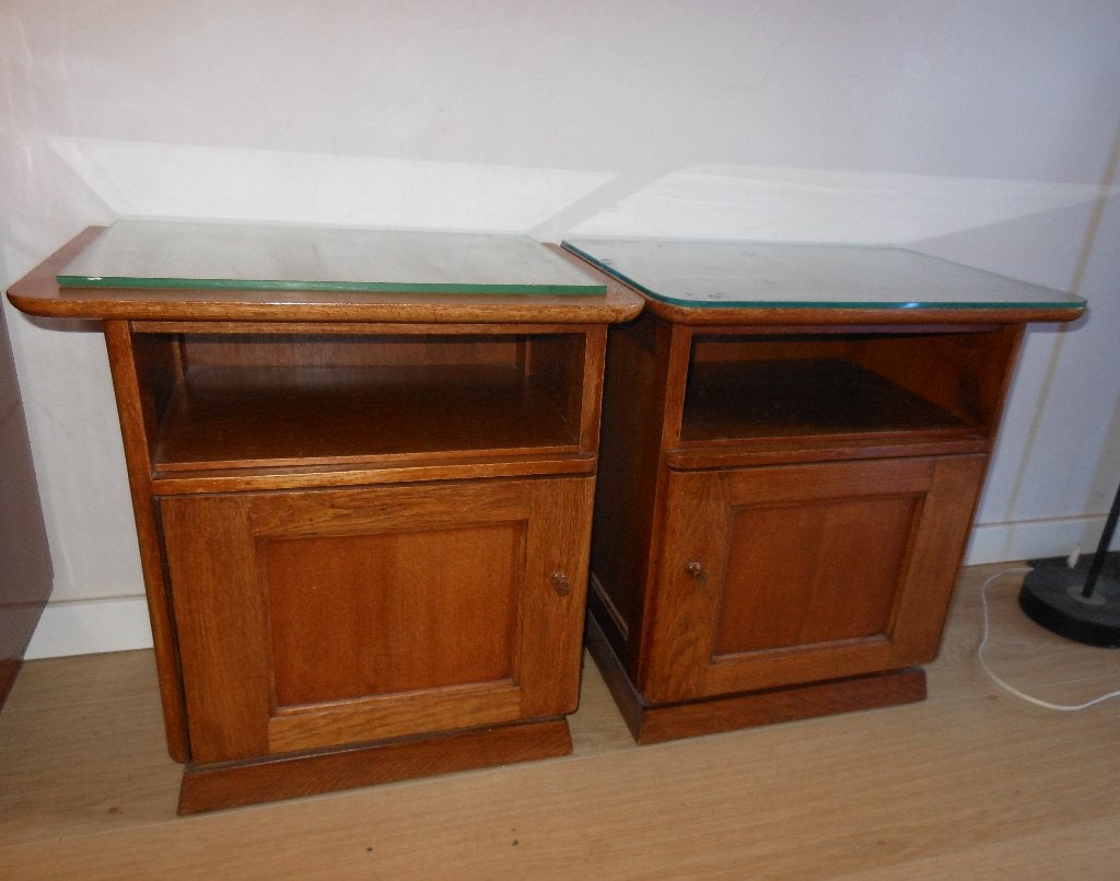 Te koop set eikenhouten nachtkastjes, jaren 50 met deurtje, Huis en Inrichting, Ophalen, Gebruikt, 45 tot 65 cm, Minder dan 55 cm