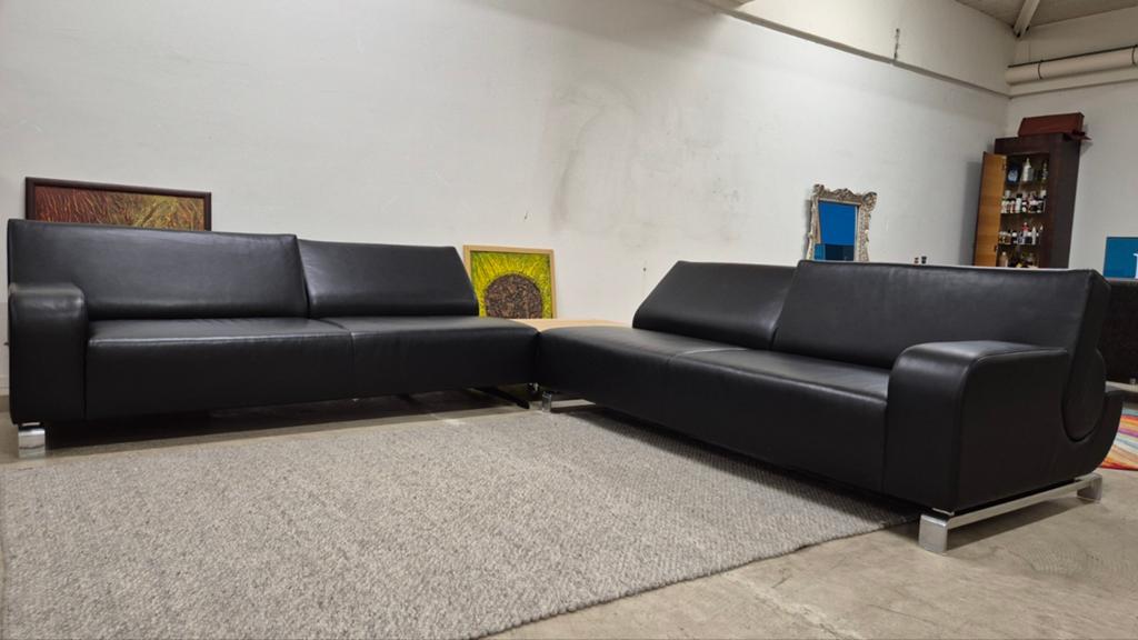 Exclusieve zwarte leren Leolux B flat top design bank!!!, Modern design, Leolux B flat, zwart leer, Hoekbank, Ophalen of Verzenden
