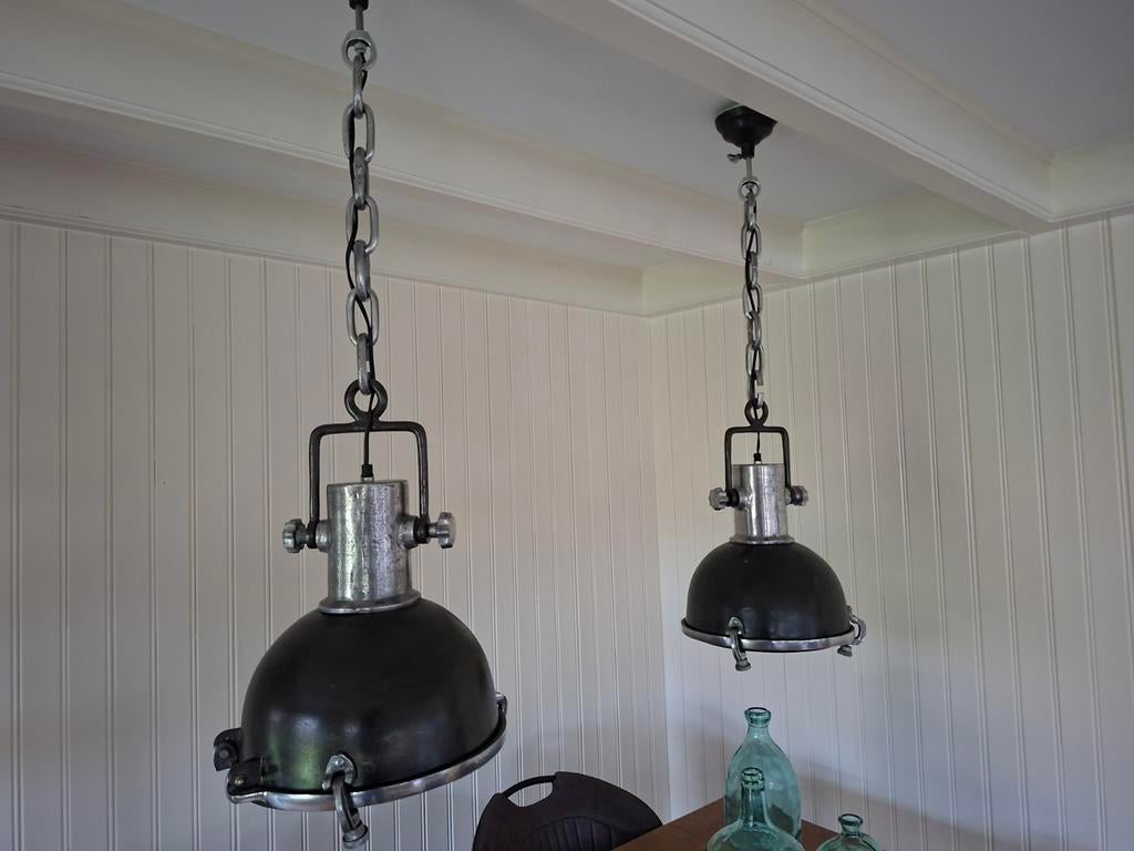 PTMD 2 industriële hanglampen, Huis en Inrichting, Lampen | Hanglampen, Ophalen, Zo goed als nieuw, Glas, 75 cm of meer