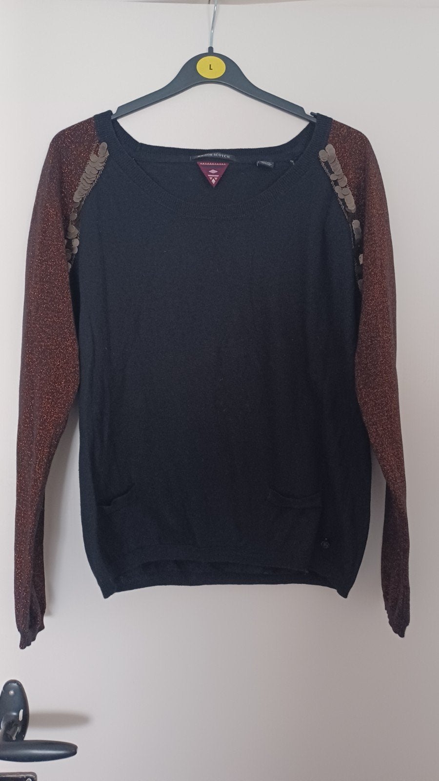 Maison Scotch trui met pailletten mouwen, Maat 38/40 (M), Zwart, Gedragen, Maison Scotch