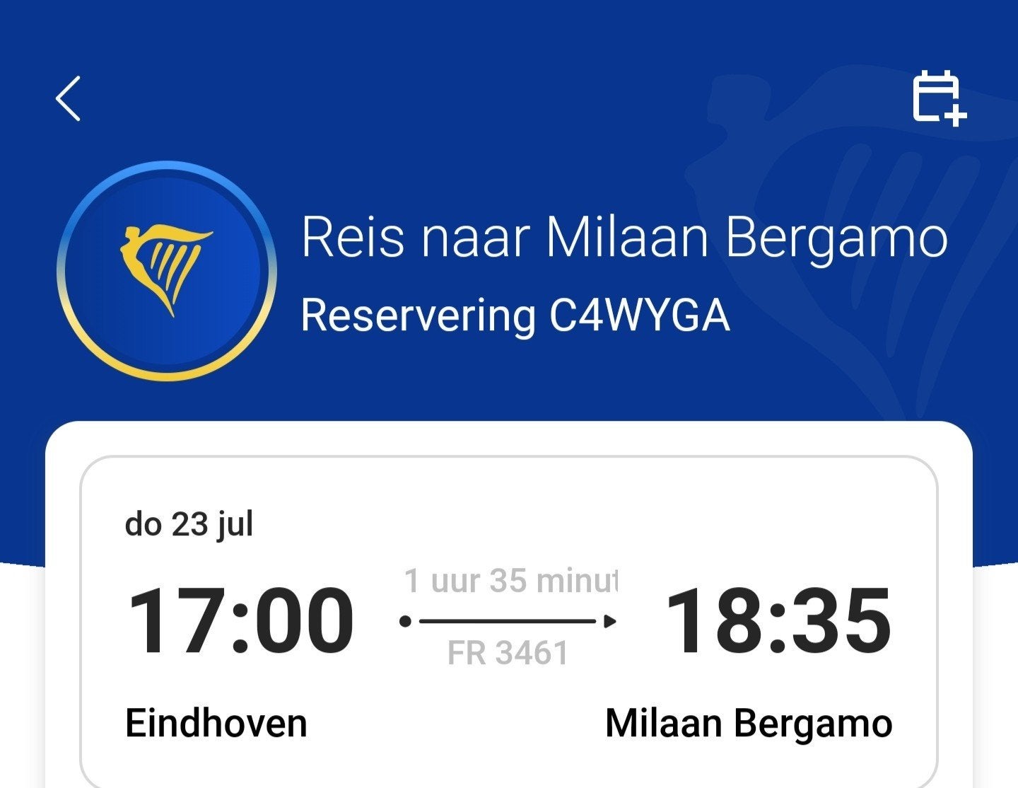 Vliegtickets, enkele reis van Eindhoven naar Milaan Bergamo, Tickets en Kaartjes, Eén persoon, Vliegtuig, Met bestemming of datum