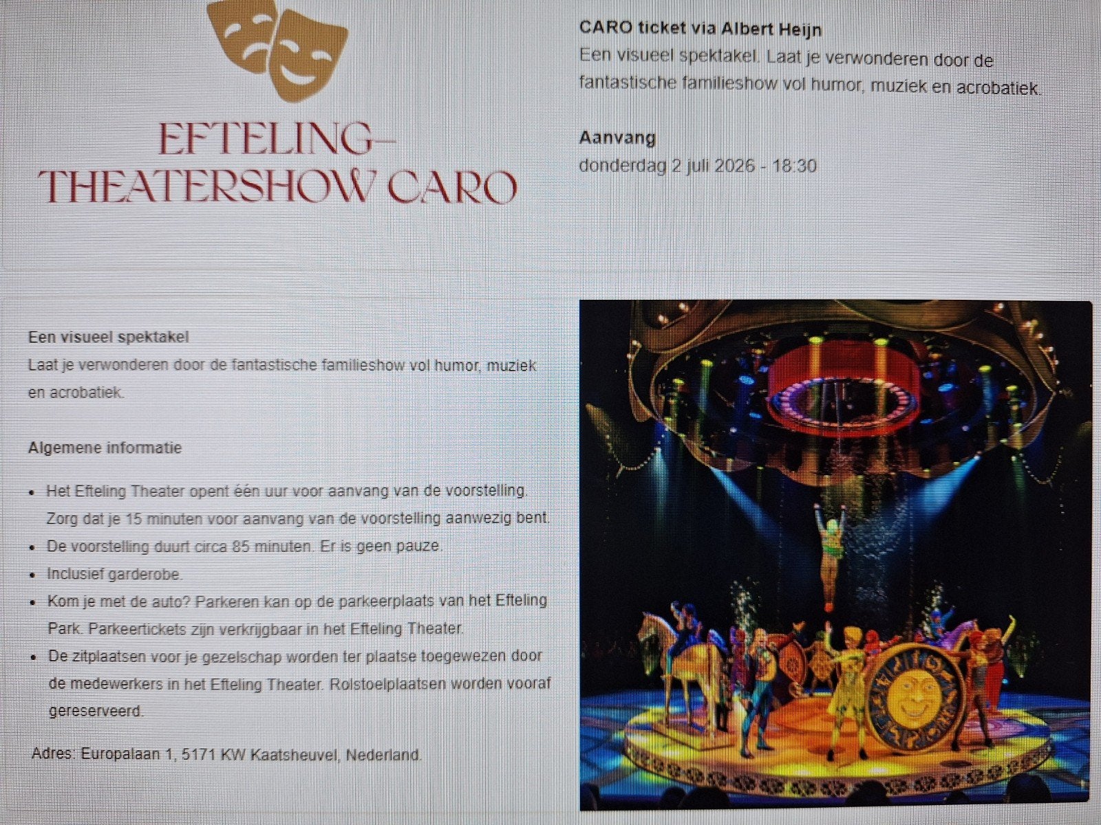 2 x Efteling Caro theater tickets (2-7-2026), Ophalen of Verzenden
