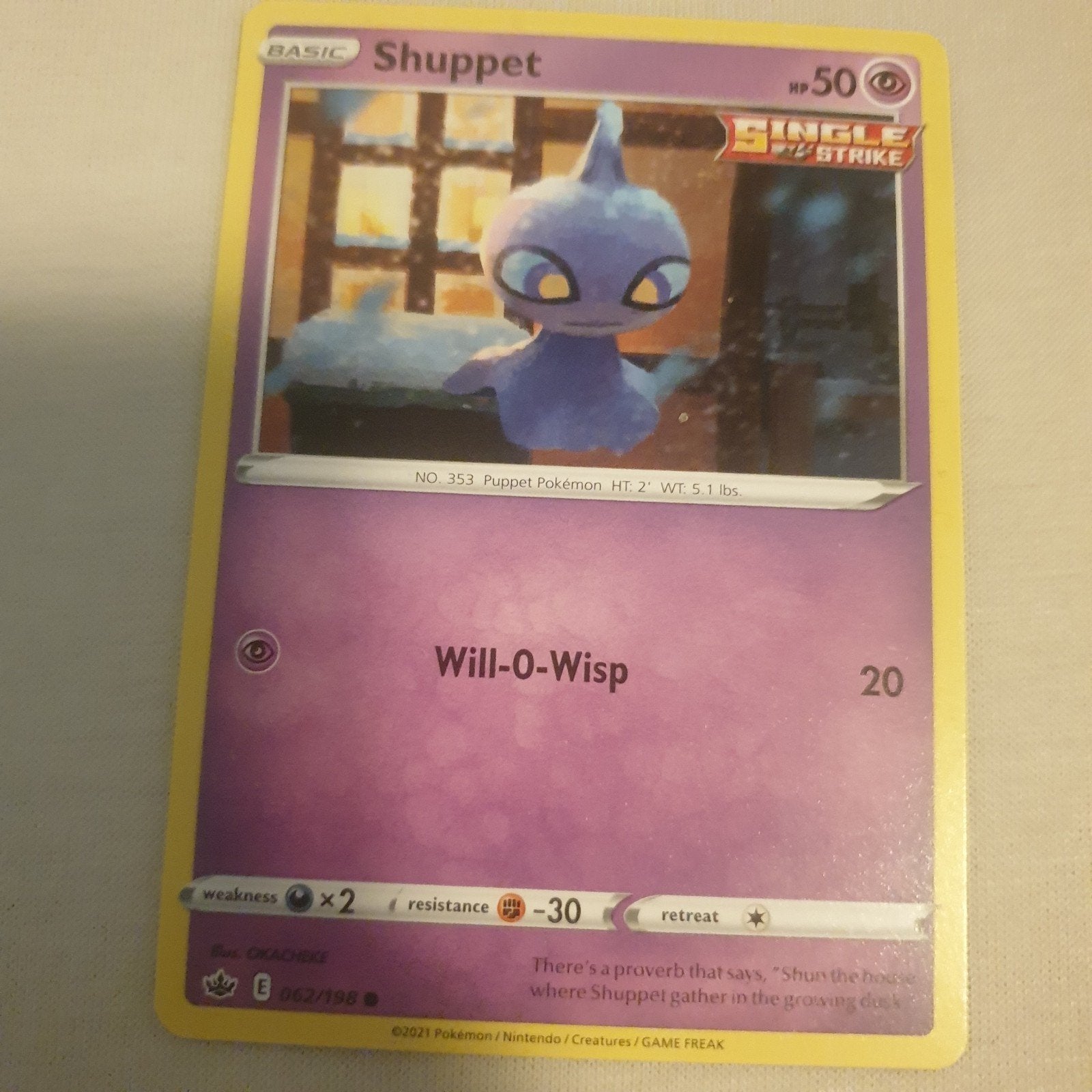 Shuppet Pokémon Kaart - Single Strike - 062/163, Ophalen, Zo goed als nieuw, Losse kaart