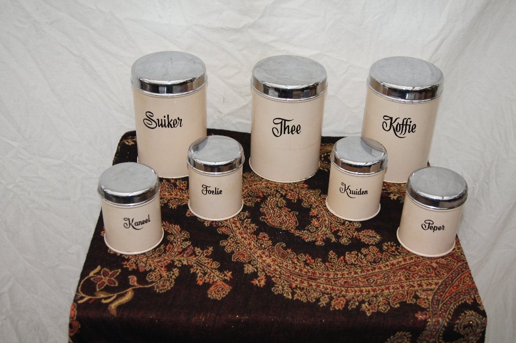 Vintage voorraadblikken set (7 stuks) - Suiker, Thee, Koffie, Ophalen of Verzenden