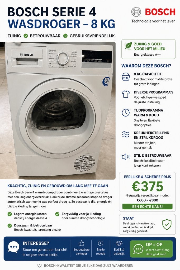 Bosch wasdroger 8 kilo, Witgoed en Apparatuur, Wasdrogers, Ophalen, Gebruikt, Minder dan 85 cm, 8 tot 10 kg