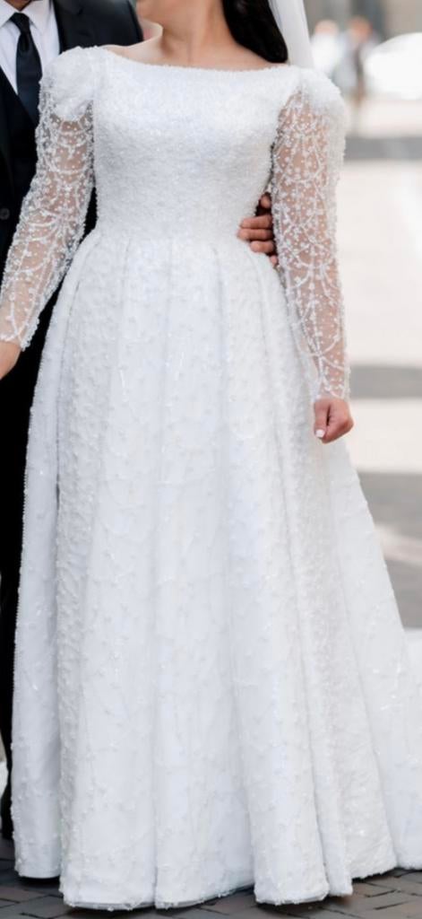 Witte trouwjurk met lange mouwen, Ophalen of Verzenden, Gedragen, Wit, Trouwjurk