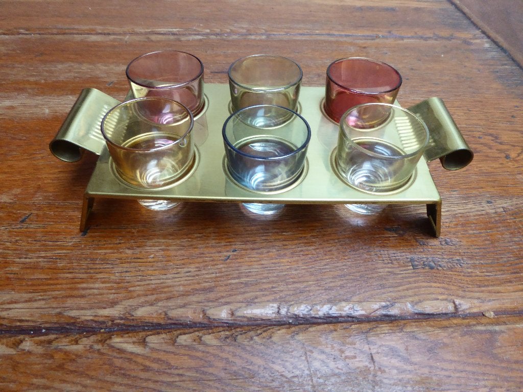 6 vintage borrelglaasjes in houder, Ophalen of Verzenden