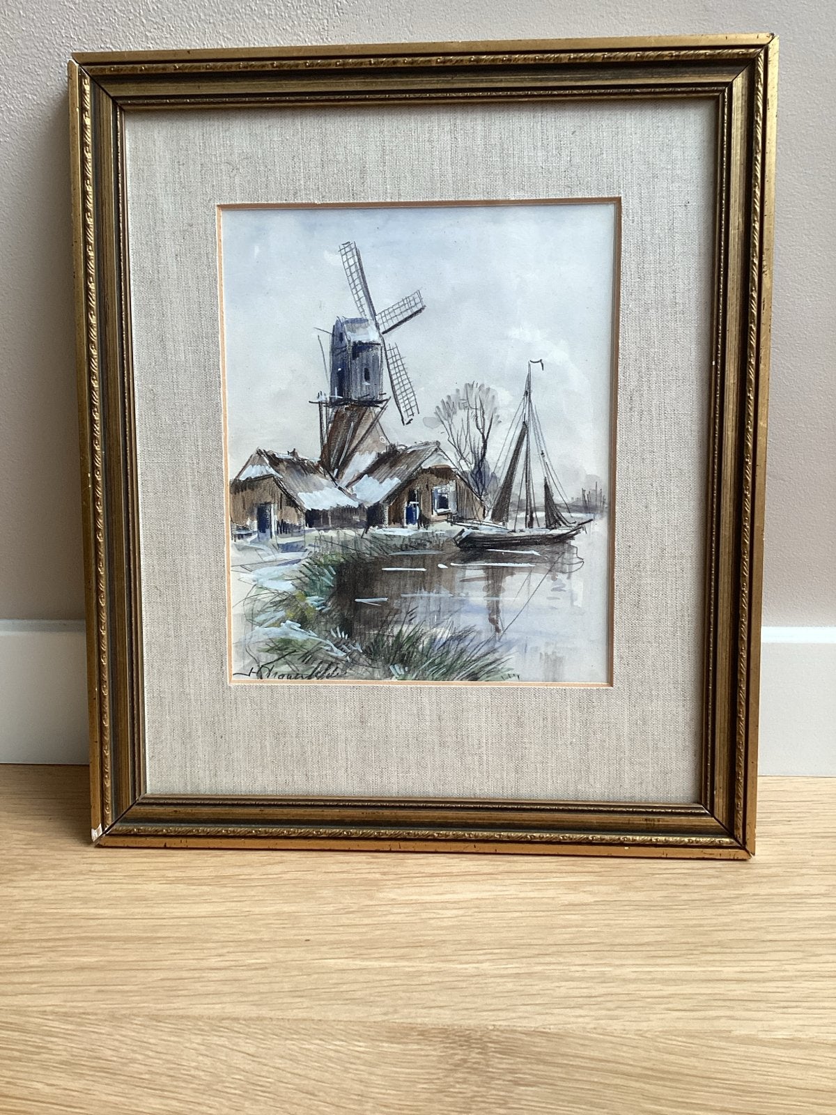 Sfeervolle aquarel: Hollandse winter met molen en boot, Realistisch, Ophalen of Verzenden, Gesigneerd, Landschap