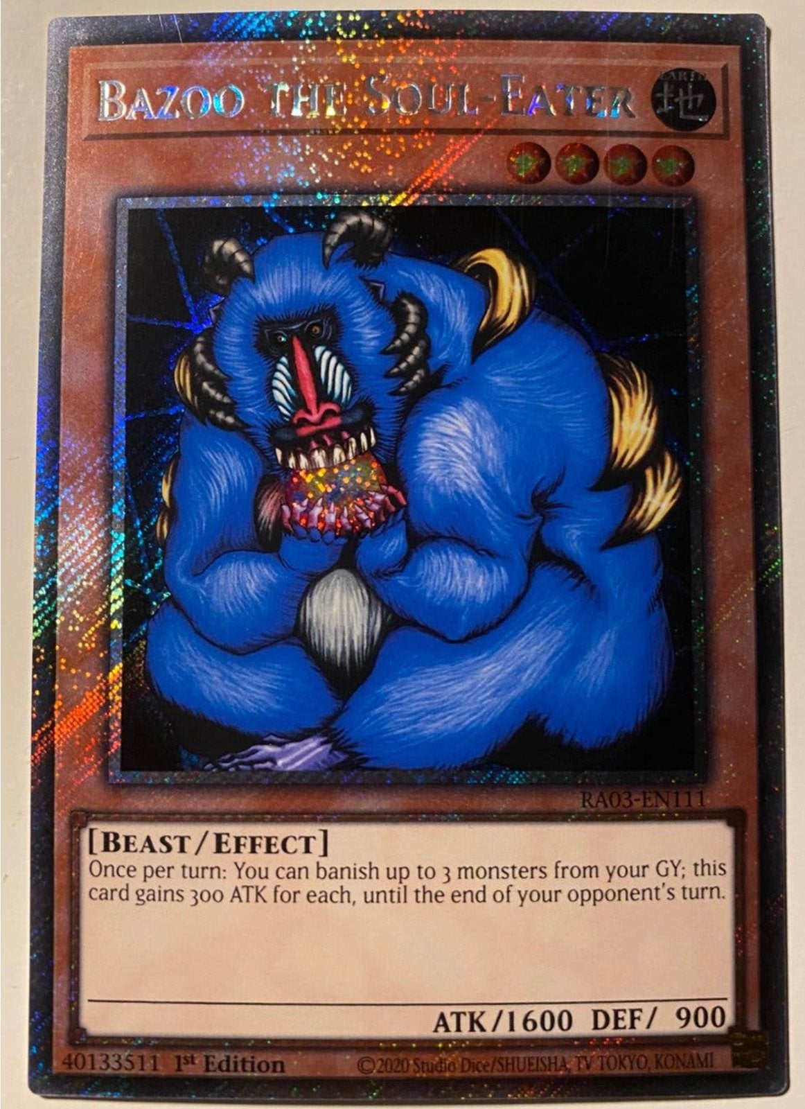 Yu-Gi-Oh! Bazoo the Soul-Eater RA03 1st Edition !, Ophalen of Verzenden, Zo goed als nieuw, Losse kaart, Foil