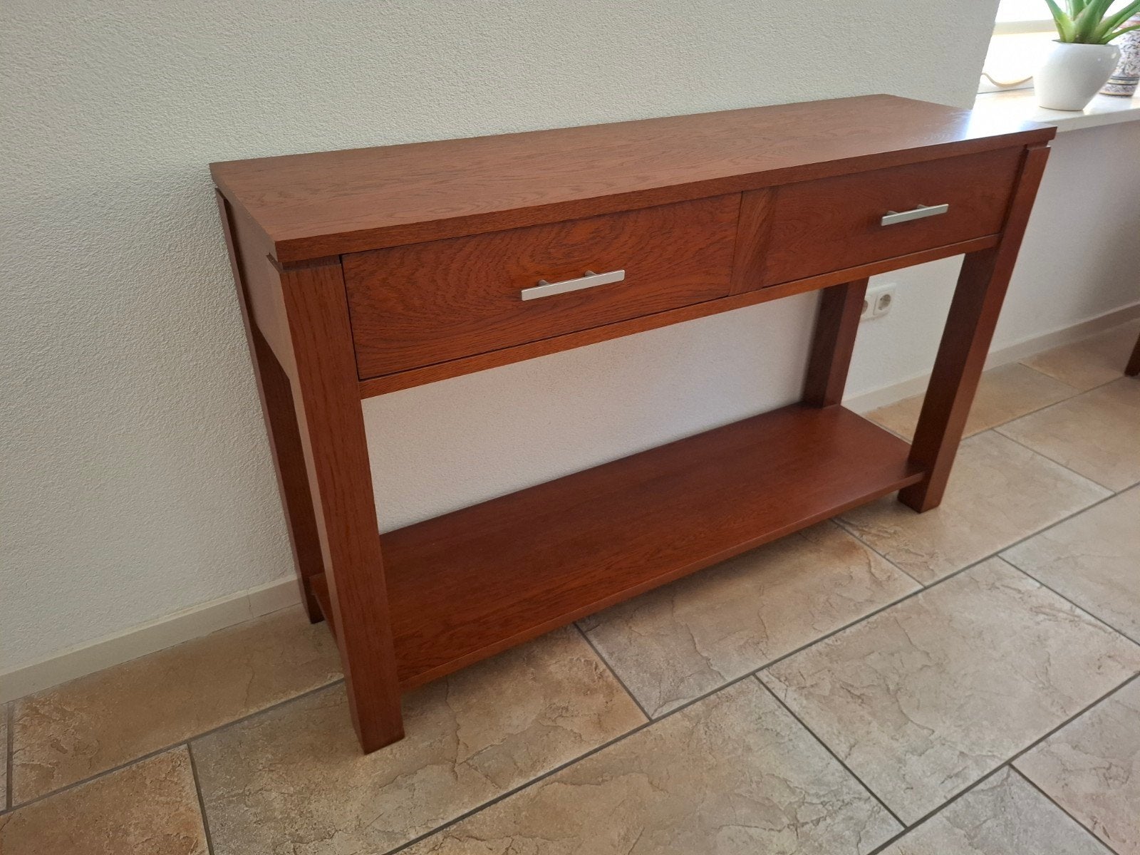 BKS SideTable kersen kleur met 2 laden en metalen handvatte, 100 tot 150 cm, Zo goed als nieuw, Ophalen, Overige houtsoorten
