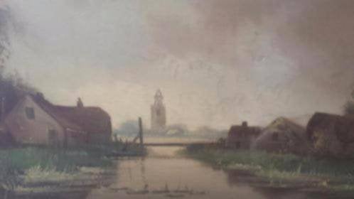 olieverf op hout schilderij boerderij kerk H. Timmers gesign, Antiek en Kunst, Ophalen