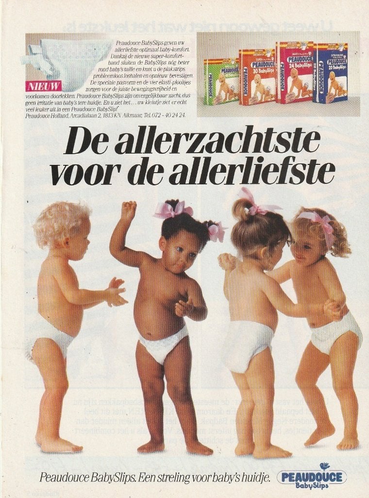 Retro reclame 1986 Peaudouce baby luiers dansende kindjes, Verzamelen, Verzenden, Overige typen