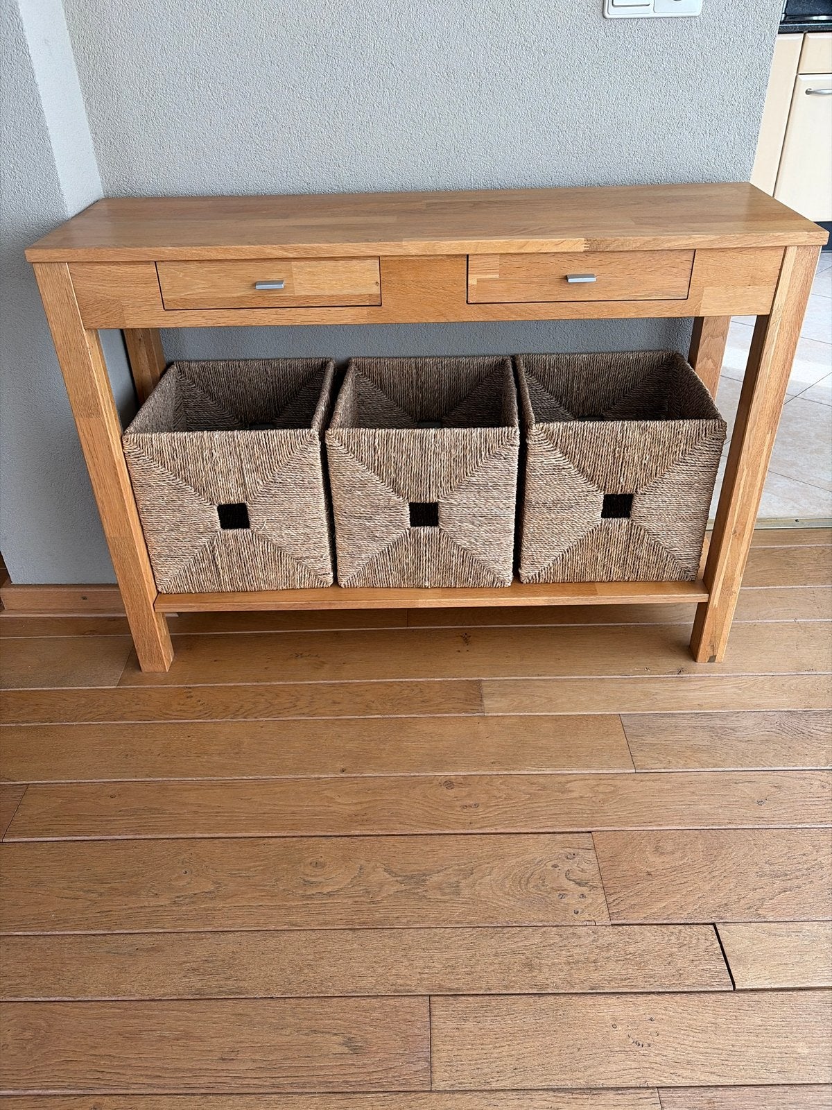Houten console-/sidetable met 2 lades en 3 rieten manden, Ophalen, Gebruikt, 75 cm of meer, 60 cm of meer