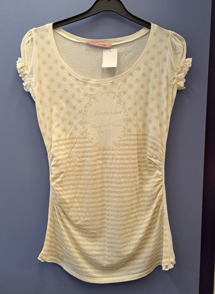 Fornarina beige/ creme geprint shirt + kant randjes S 42882, ., Beige, Fornarina, Ophalen of Verzenden