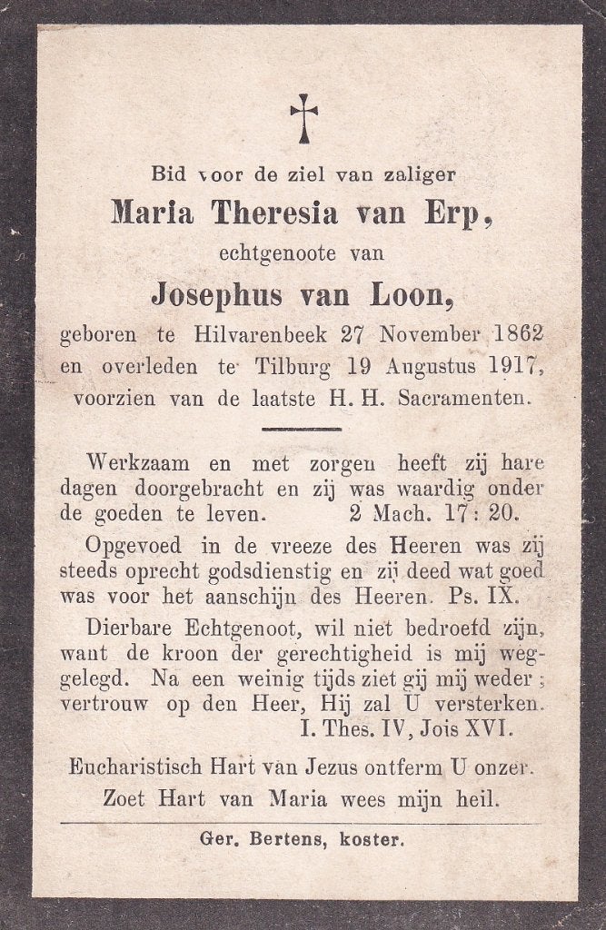Erp Maria 1862 Hilvarenbeek 1917 Tilburg, Ophalen of Verzenden, Bidprentje