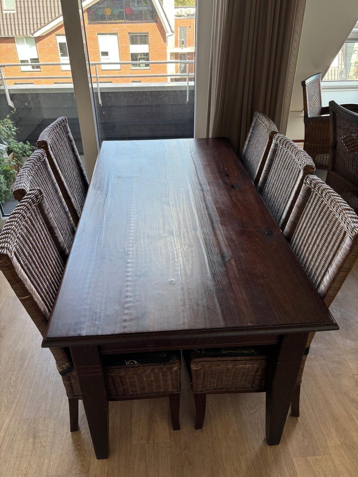 Eettafel met 6 rotan stoelen - koloniale stijl, Ophalen, Gebruikt, 50 tot 100 cm, 150 tot 200 cm