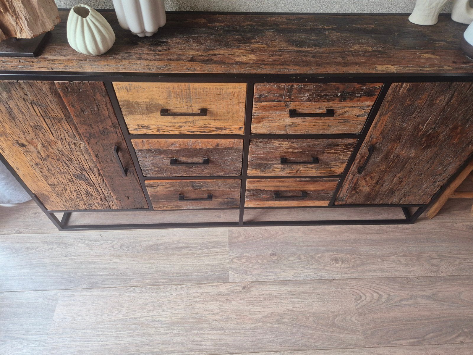 Industrieel dressoir van robuust wagonhout, Gebruikt, Met lade(s), Industrieel, Landelijk, 150 tot 200 cm