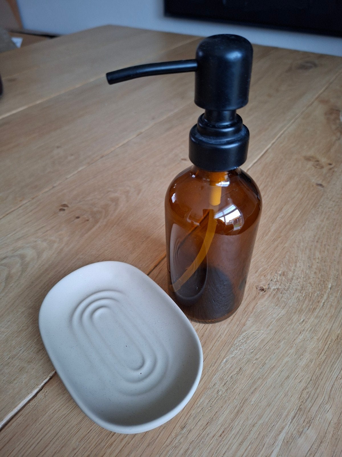 zeeppompje en zeepschaaltje, Bruin, Overige merken, Zo goed als nieuw, Zeepdispenser/zeepbakje