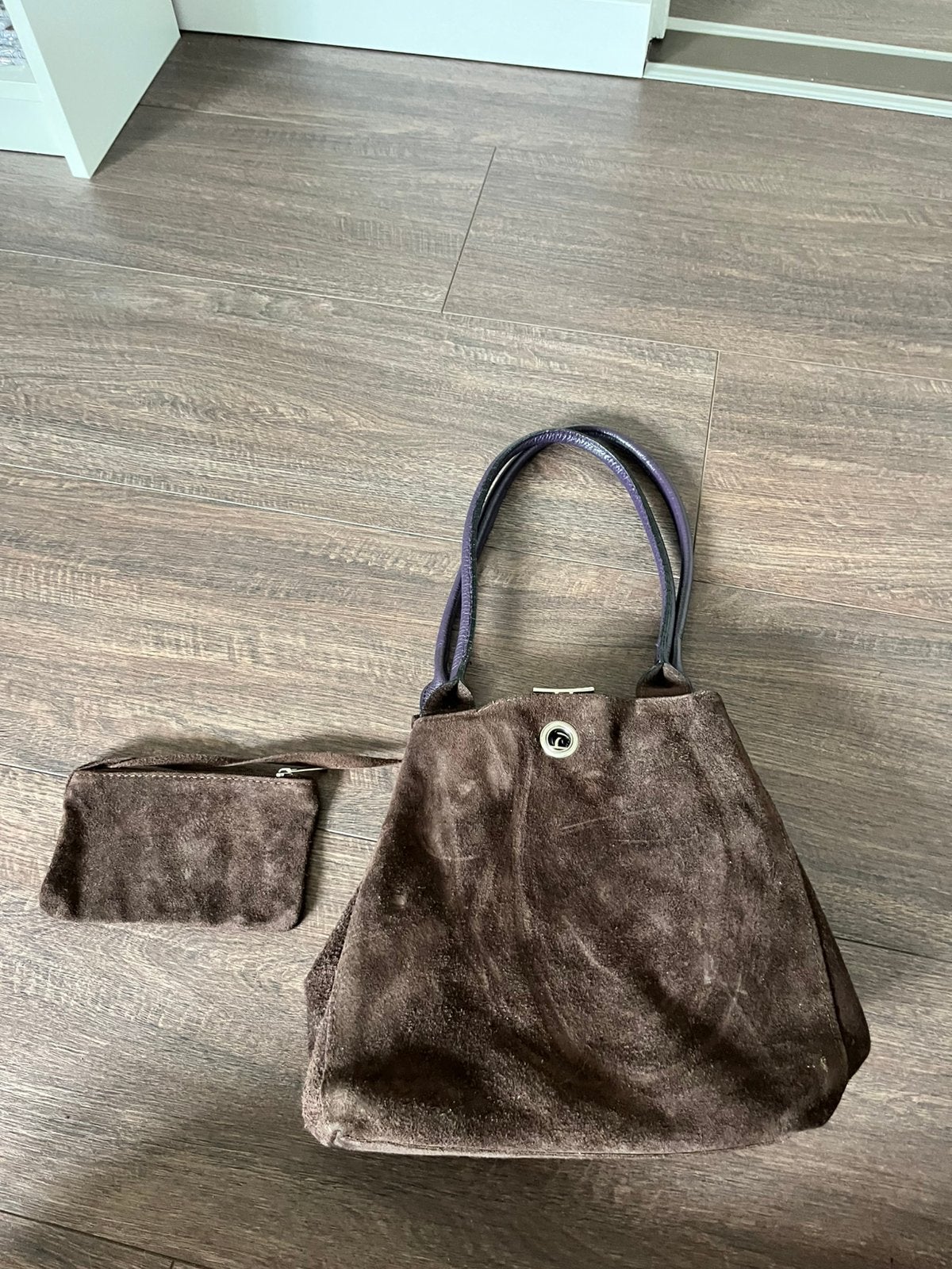 Keerbare suède/leren handtas bruin-paars, Ophalen of Verzenden, Zo goed als nieuw, Bruin, Handtas