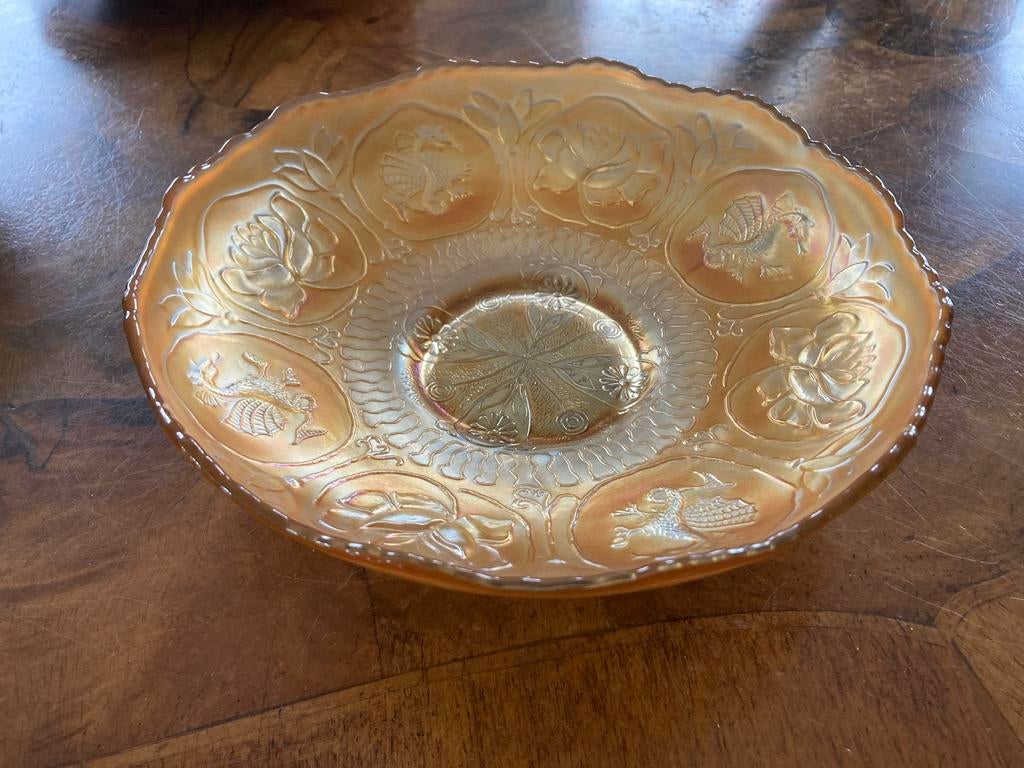 Fenton Carnival dragon en lotus schaal kleur marigold, Antiek en Kunst, Antiek | Schalen, Ophalen of Verzenden