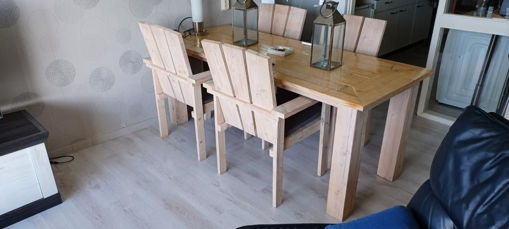 Steigerhouten eethoek gebruikt 2m l 80b 2,8dik brede stoelen, Ophalen, 4 zitplaatsen, Steigerhout, Zo goed als nieuw