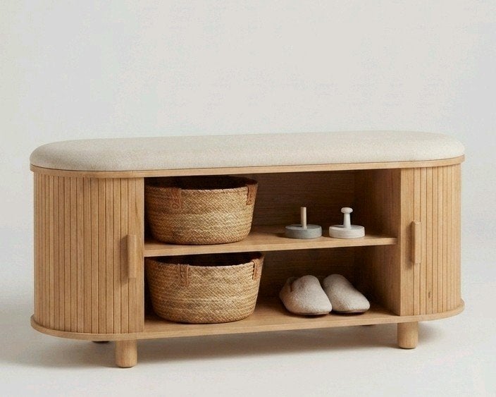 Scandinavische/Japandi Tambour Schuifdeur Bankje/Opberger, Ophalen, Nieuw