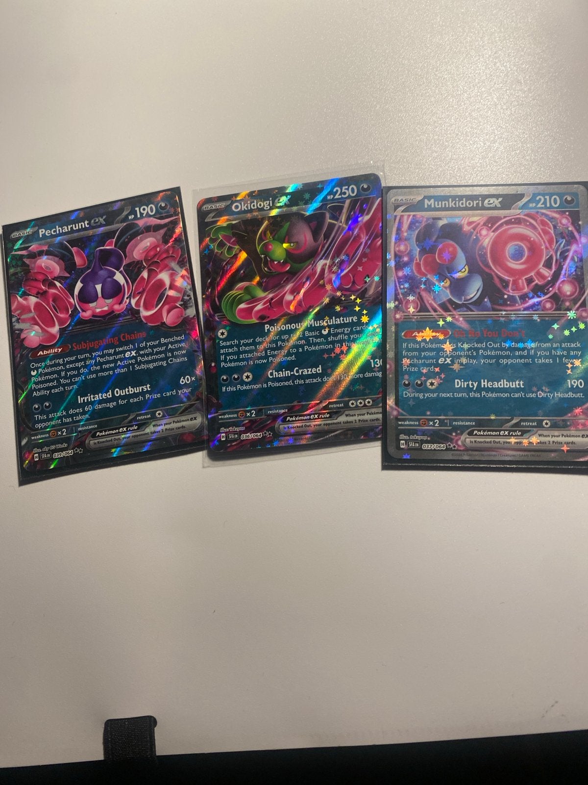 Pokémon kaarten: Pecharunt, Okidogi, Munkidori ex (Foil), Ophalen of Verzenden, Zo goed als nieuw, Meerdere kaarten, Foil