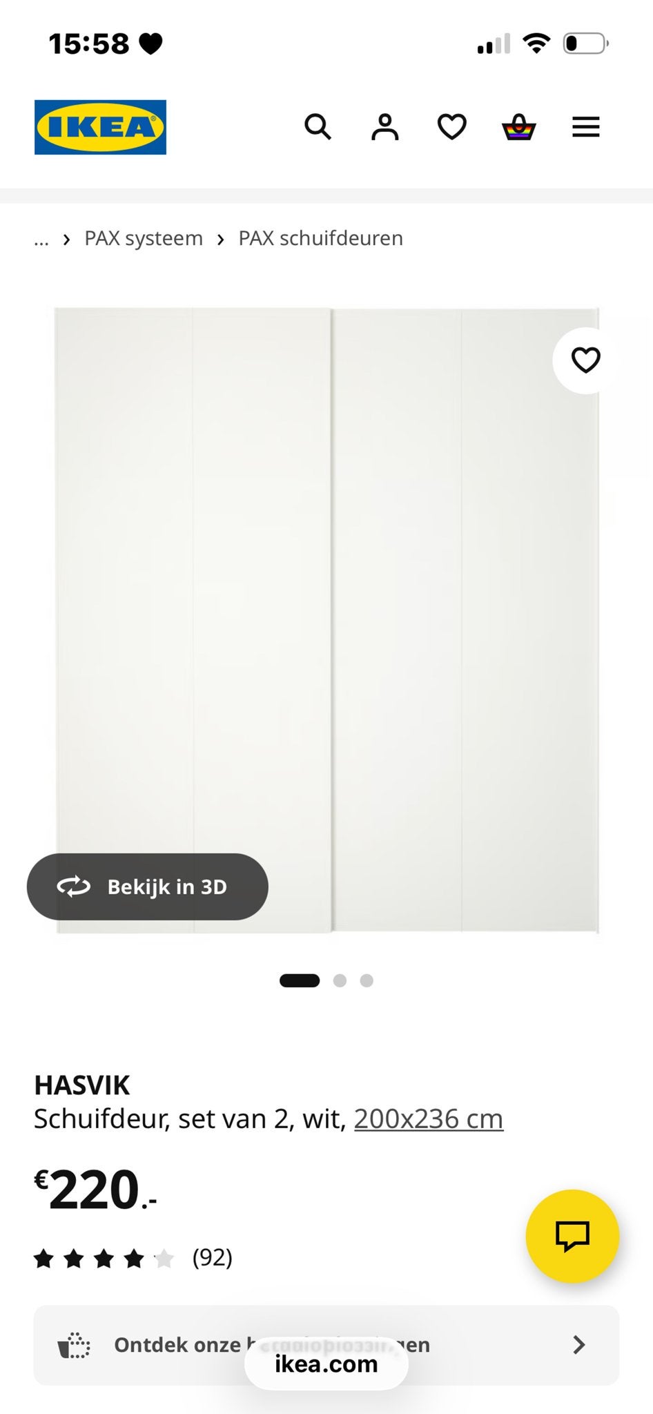 Gratis IKEA HASVIK Schuifdeur, set van 2, wit, 200x236 cm, Ophalen, Gebruikt, Binnendeur, Schuifdeur