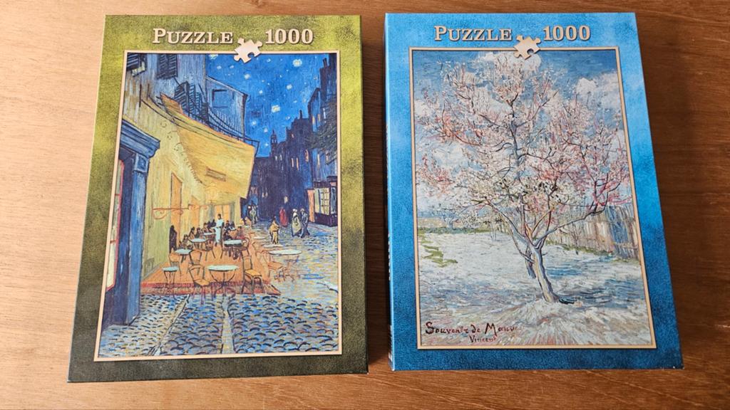 2 Van Gogh Puzzels 1000 stukjes - Caféterras & Amandelbloese, Ophalen, 500 t/m 1500 stukjes, Gebruikt, Legpuzzel