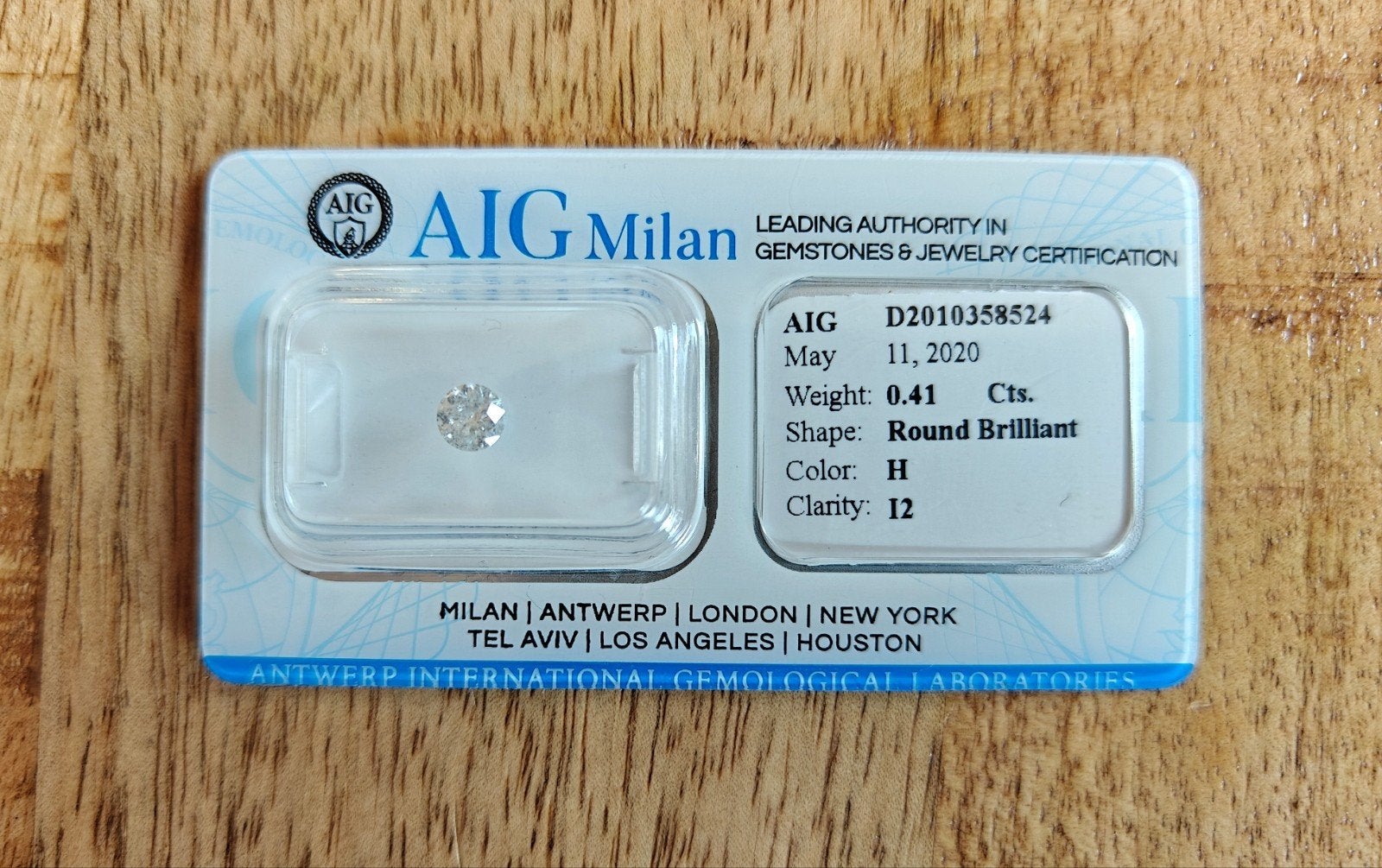 Natuurlijke Diamant 0.41 Ct. Rond Briljant AIG certificaat, Ophalen of Verzenden, Nieuw