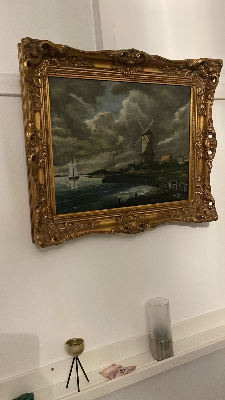 Schilderij A van Soest - Molen aan het water (1987), Antiek en Kunst, Doek, Ophalen of Verzenden, Gesigneerd, Landschap
