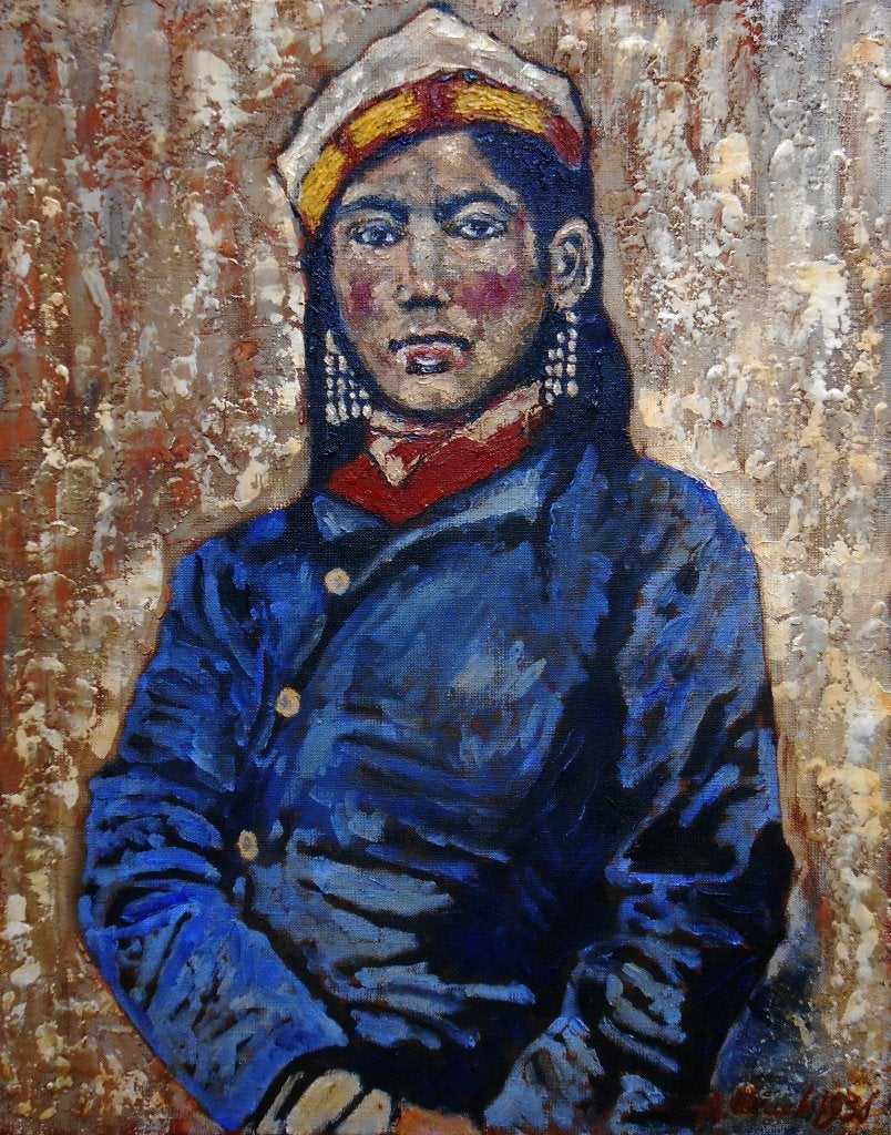 "Portret van een jong meisje uit het Oosten", Portret of Personen, Realistisch, Olieverf, Gesigneerd
