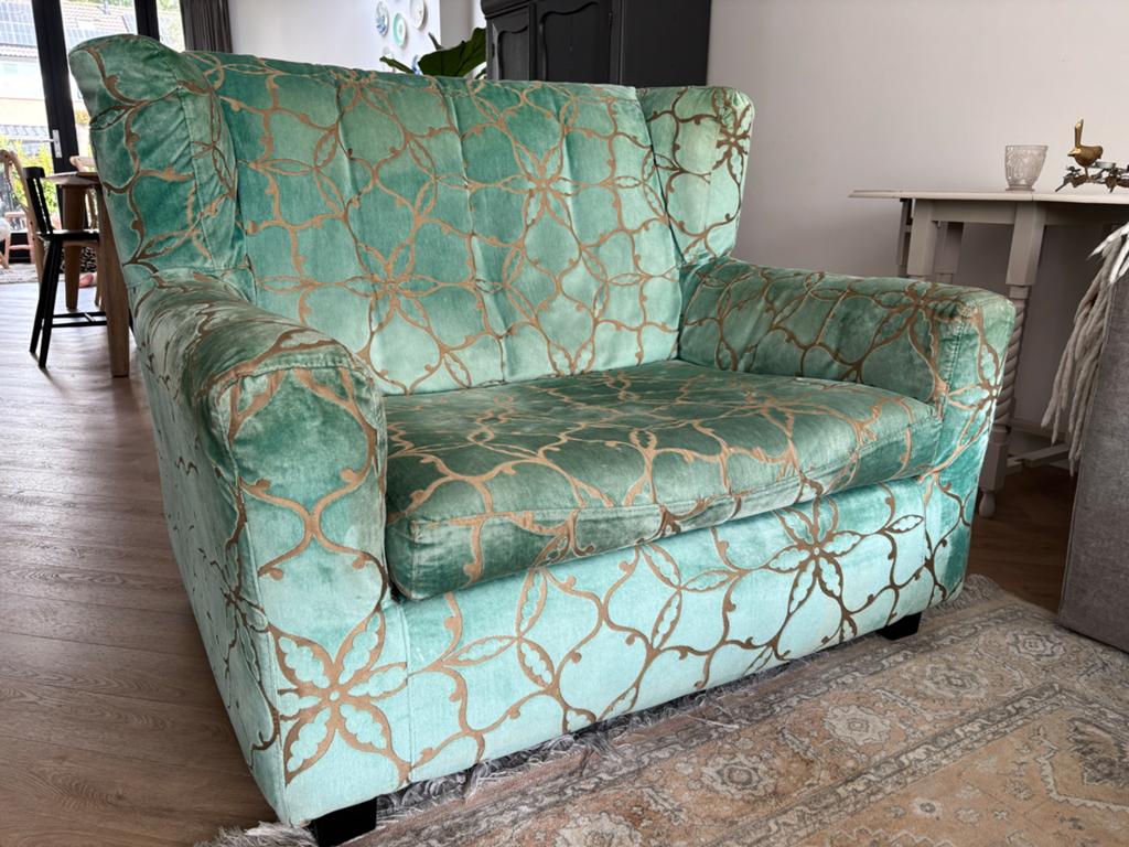 Stoel /Bank vintage groen met gouden patroon, Ophalen, Tweepersoons, 75 tot 100 cm, Zo goed als nieuw