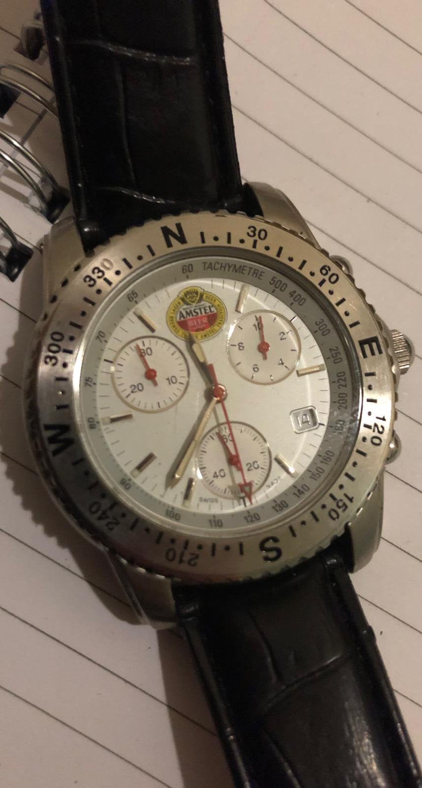 Amstel bier chronograph automatic origineel horloge, Ophalen of Verzenden, Zo goed als nieuw, Leer, Overige merken