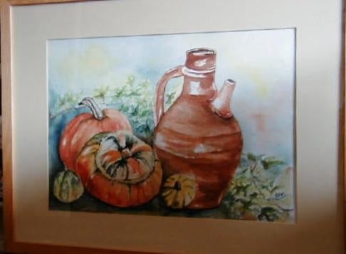 KALEBASSEN met kruik gesigneerd in lijst achter glas 85x65cm, Ophalen of Verzenden