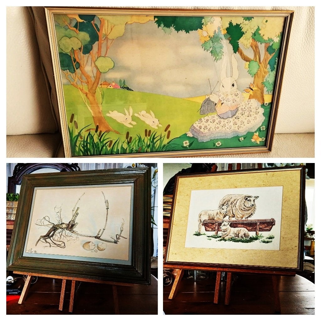 Retro in lijst schapen geborduurd prent gebroken ei en hazen, Antiek en Kunst, Ophalen of Verzenden